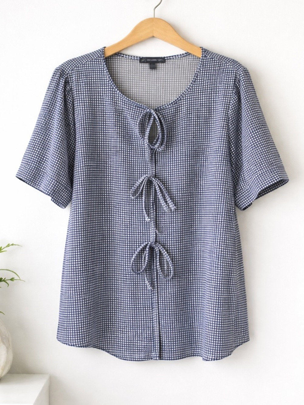 Adrianna Papell Gingham Tie Front Blouse Large Coastal Preppy Work Top